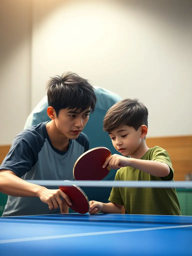 A close-up shot of a table tennis coach providing personalized instruction to a young player at TENNIS DE TABLE AUBIGNY SUR NERE, emphasizing the organization's commitment to individual growth.
