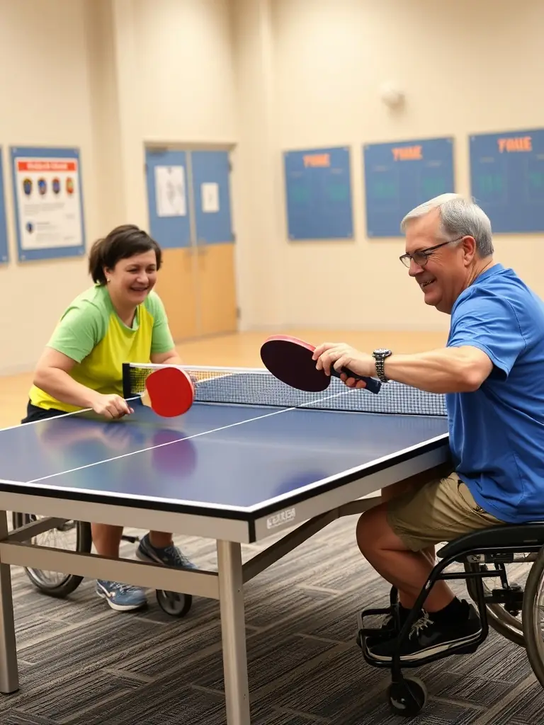 A photograph of adults with disabilities playing table tennis, showcasing adaptive equipment and the joy of participation, taken during a dedicated program session.