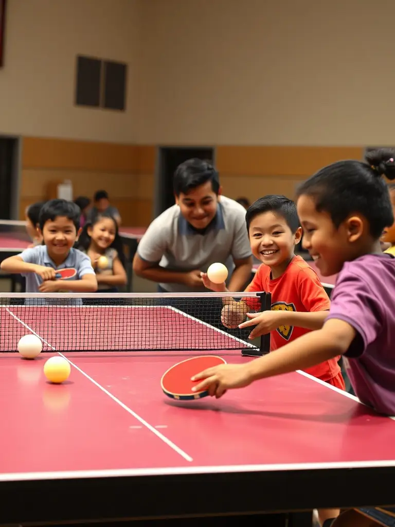 A dynamic shot of children participating in a beginner's table tennis clinic, focusing on fundamental skills and teamwork, set in a local community center.