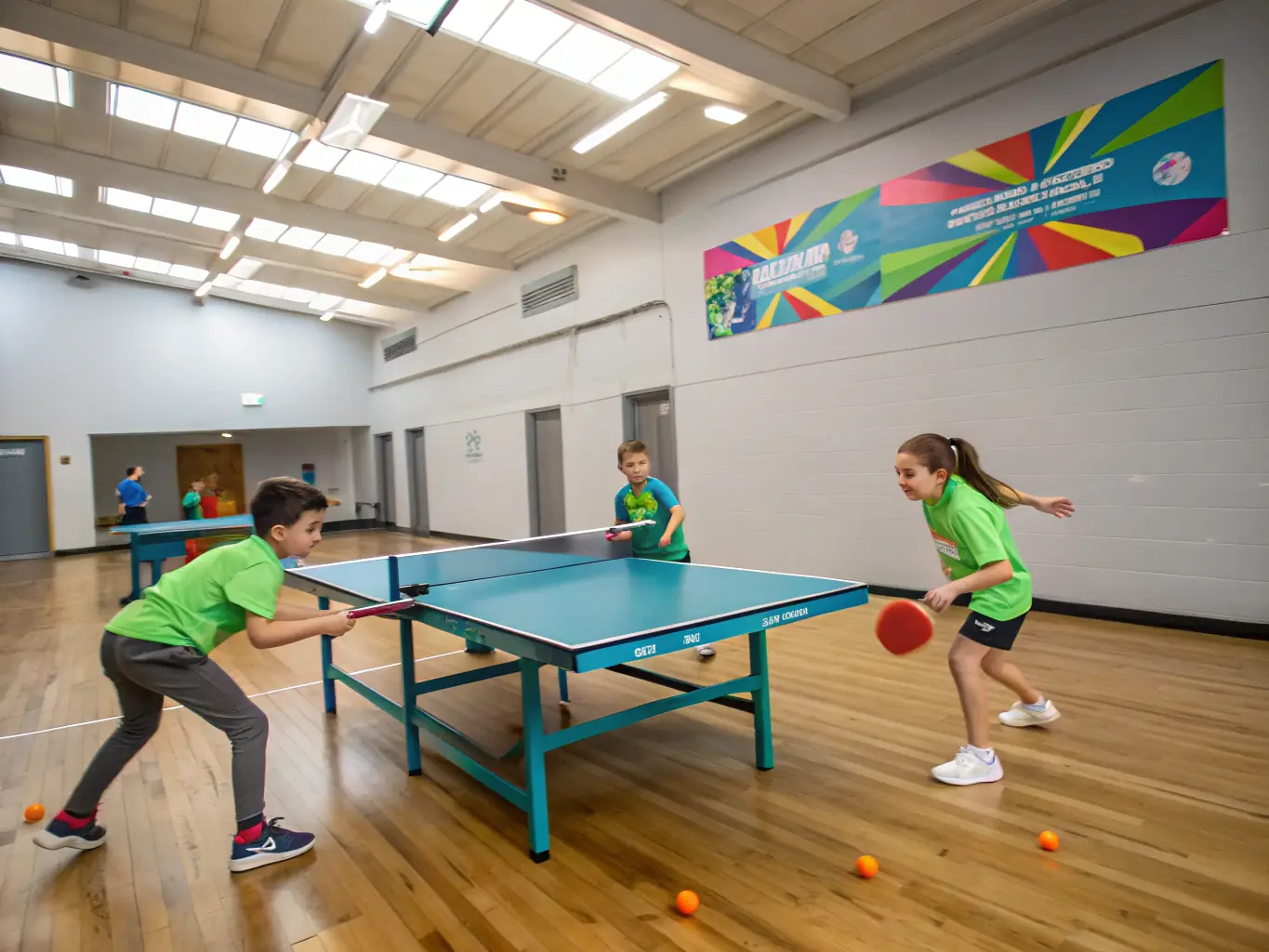 A diverse group of children learning table tennis from a coach, emphasizing the organization's commitment to youth development and community engagement.
