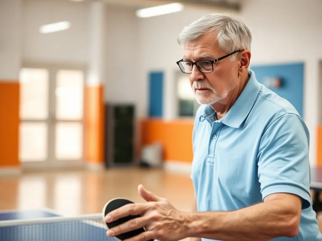 A group of senior citizens laughing and playing table tennis in a community center, showcasing the accessibility and social benefits of the sport for older adults.