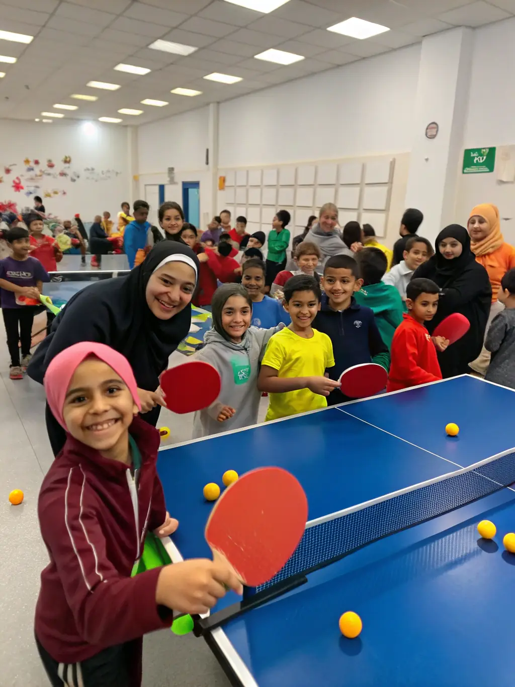 A diverse group of participants, including children and adults with disabilities, are actively engaged in a table tennis training session at TENNIS DE TABLE AUBIGNY SUR NERE, showcasing the inclusive nature of the program.