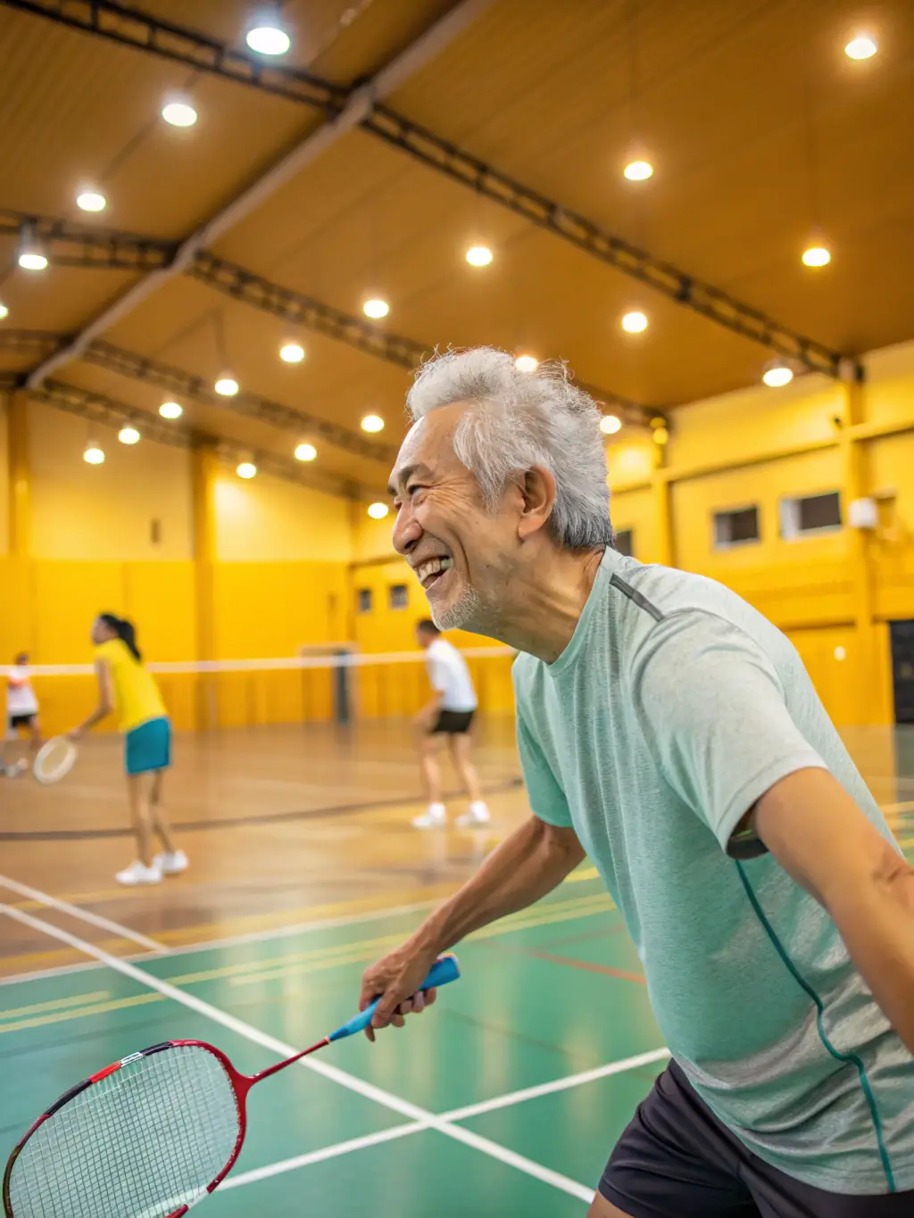 A close-up image of senior citizens actively engaged in a friendly table tennis match, highlighting the health and social benefits for older adults, in a community hall.