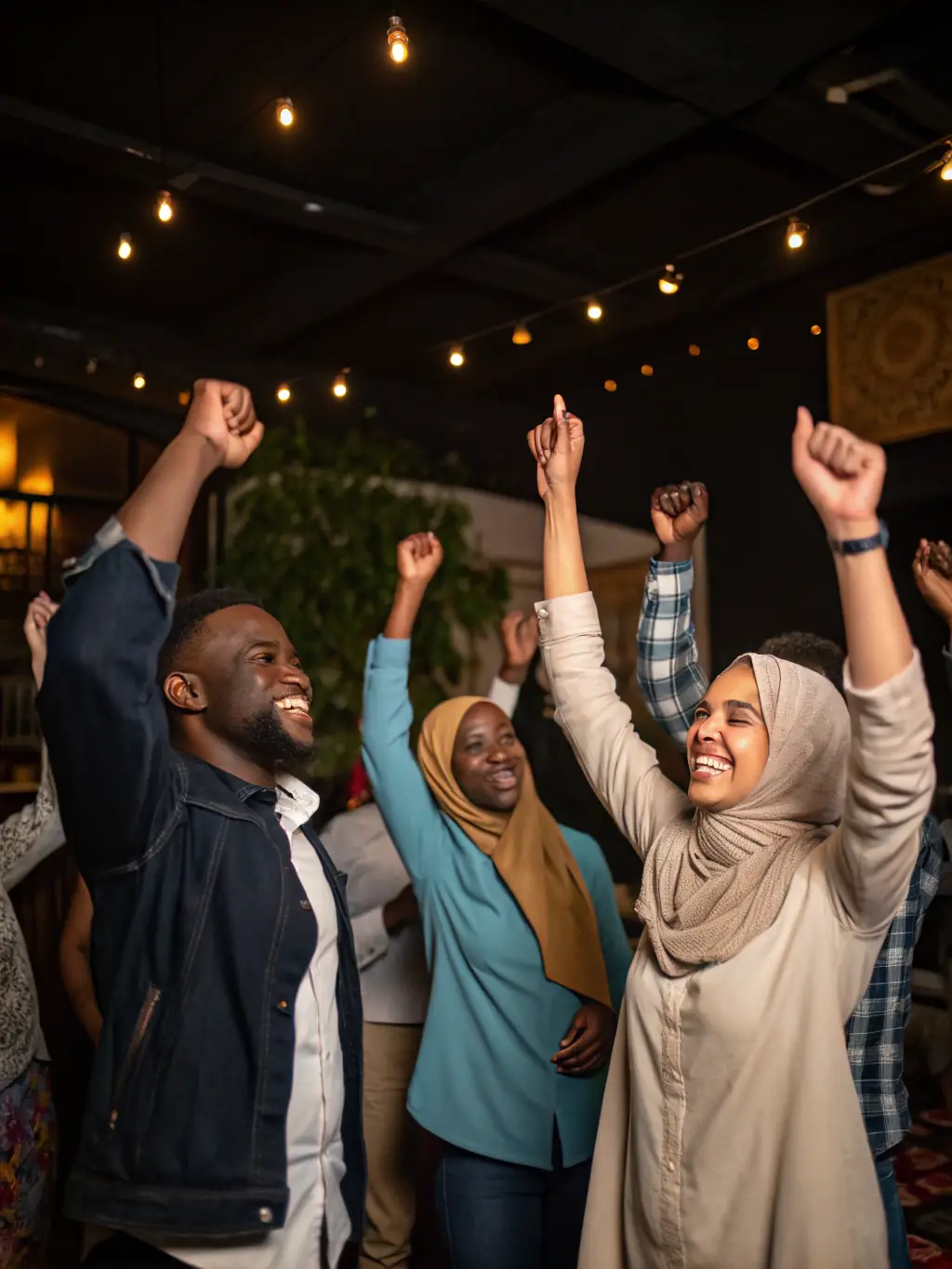 A group photo of participants from diverse backgrounds celebrating after a successful table tennis tournament, emphasizing community spirit and inclusivity, at the club's main hall.