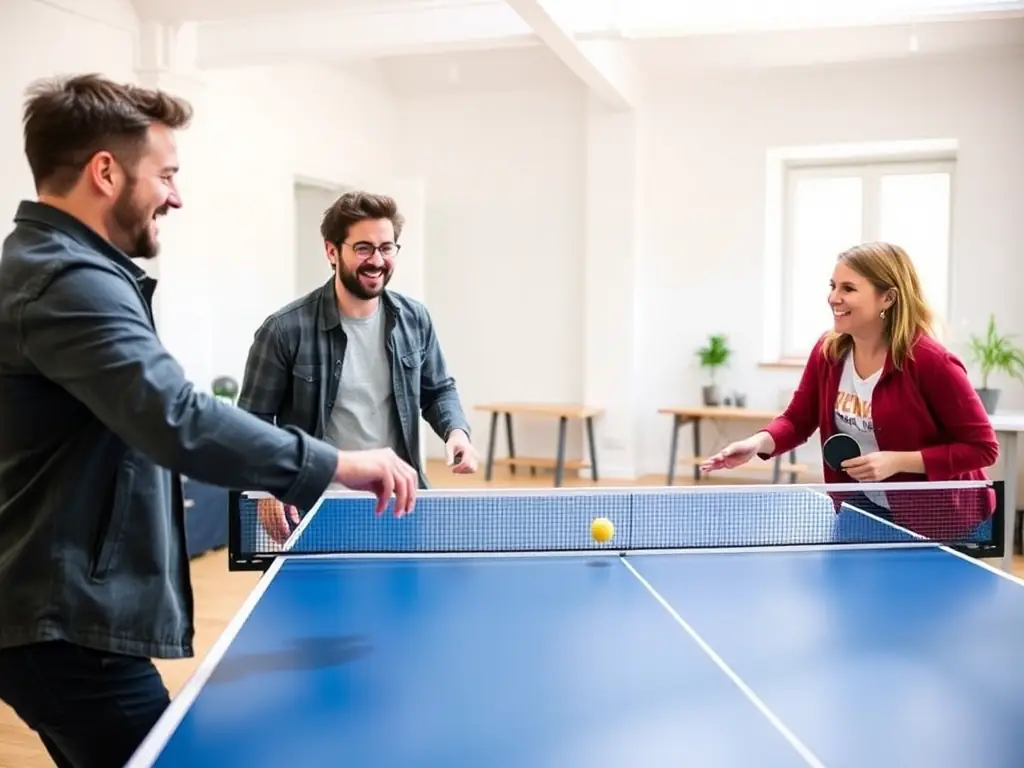 A vibrant image of children and adults playing table tennis together at TENNIS DE TABLE AUBIGNY SUR NERE, highlighting intergenerational interaction and community spirit.